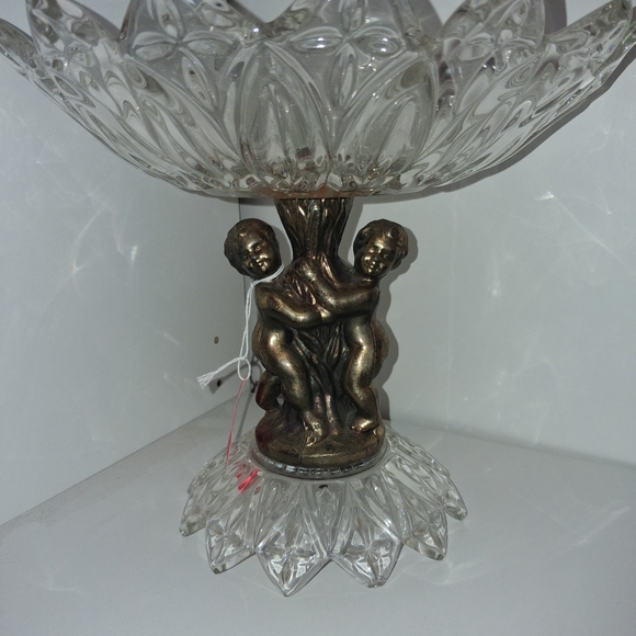 Hollywood Regency Cherub Compote – Ornate Gilt Putti Pedestal Candy Dish – Mid-C